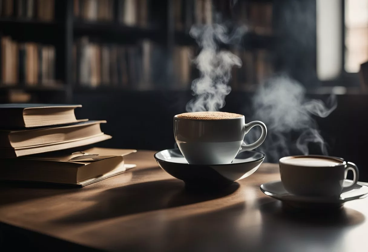 A steaming cup of coffee sits on a table, surrounded by a stack of books and a laptop. A subtle steam rises from the dark liquid, creating a cozy atmosphere