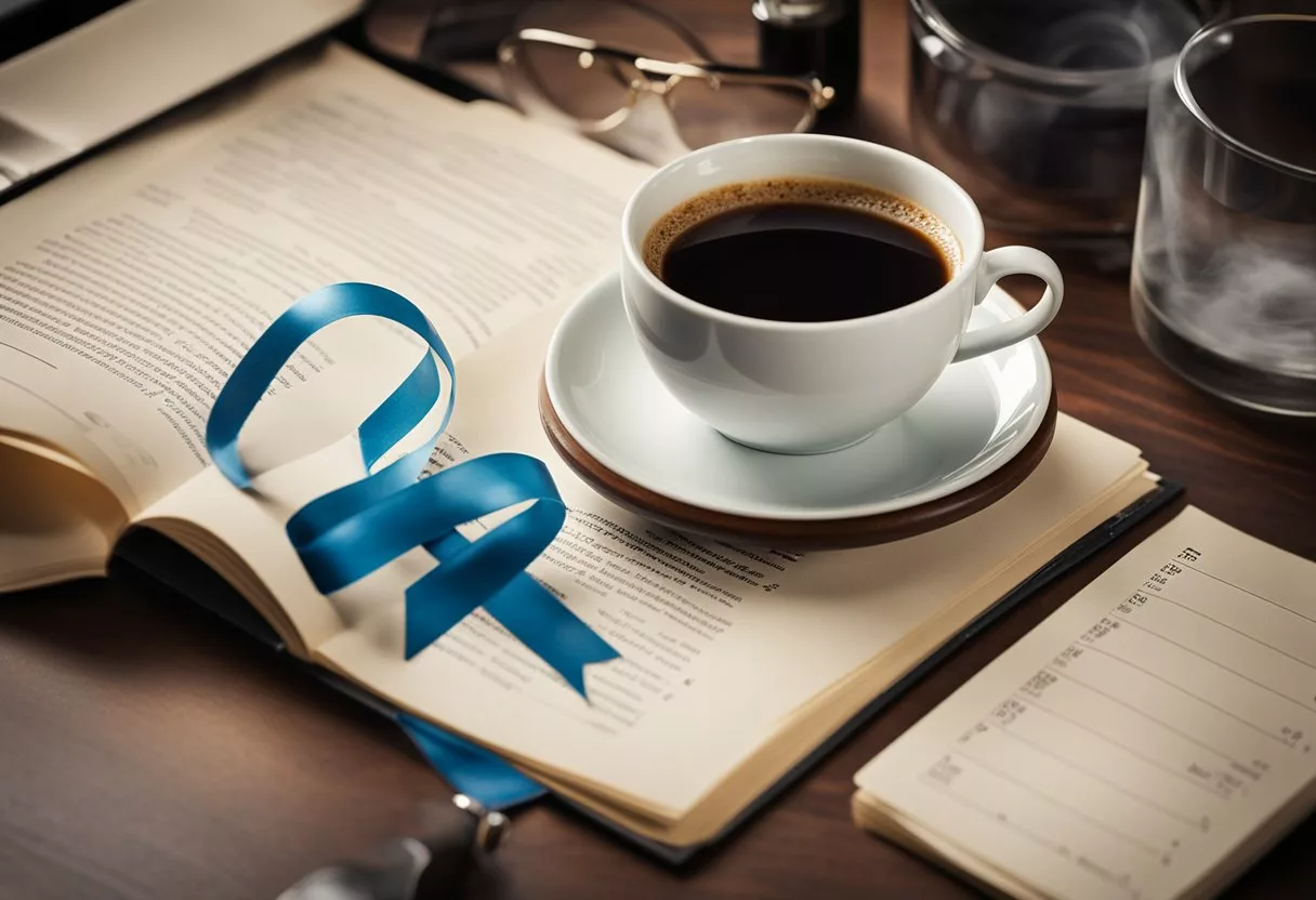A steaming cup of coffee sits next to a prostate cancer awareness ribbon, surrounded by research papers and a magnifying glass
