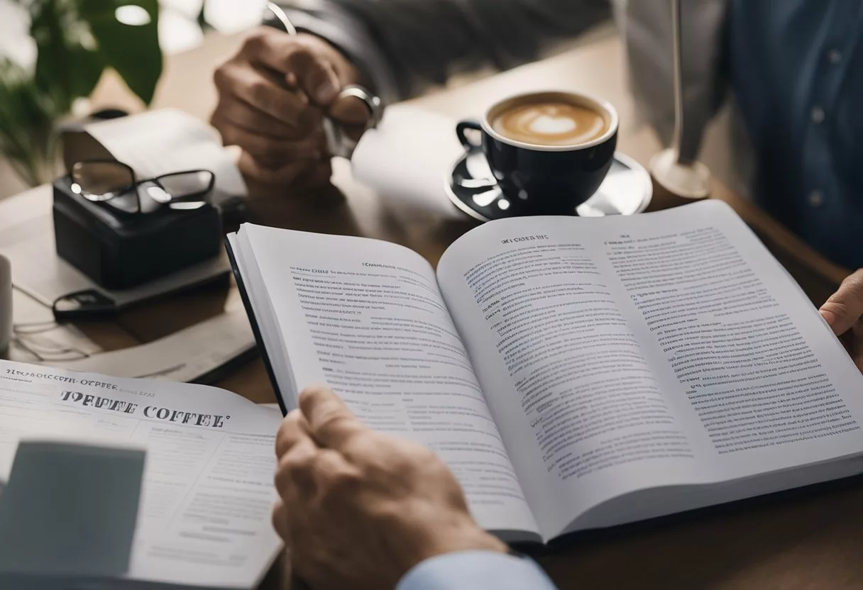 A man reads a research paper with a question "Is coffee good for prostate?" surrounded by scattered medical journals and a cup of coffee