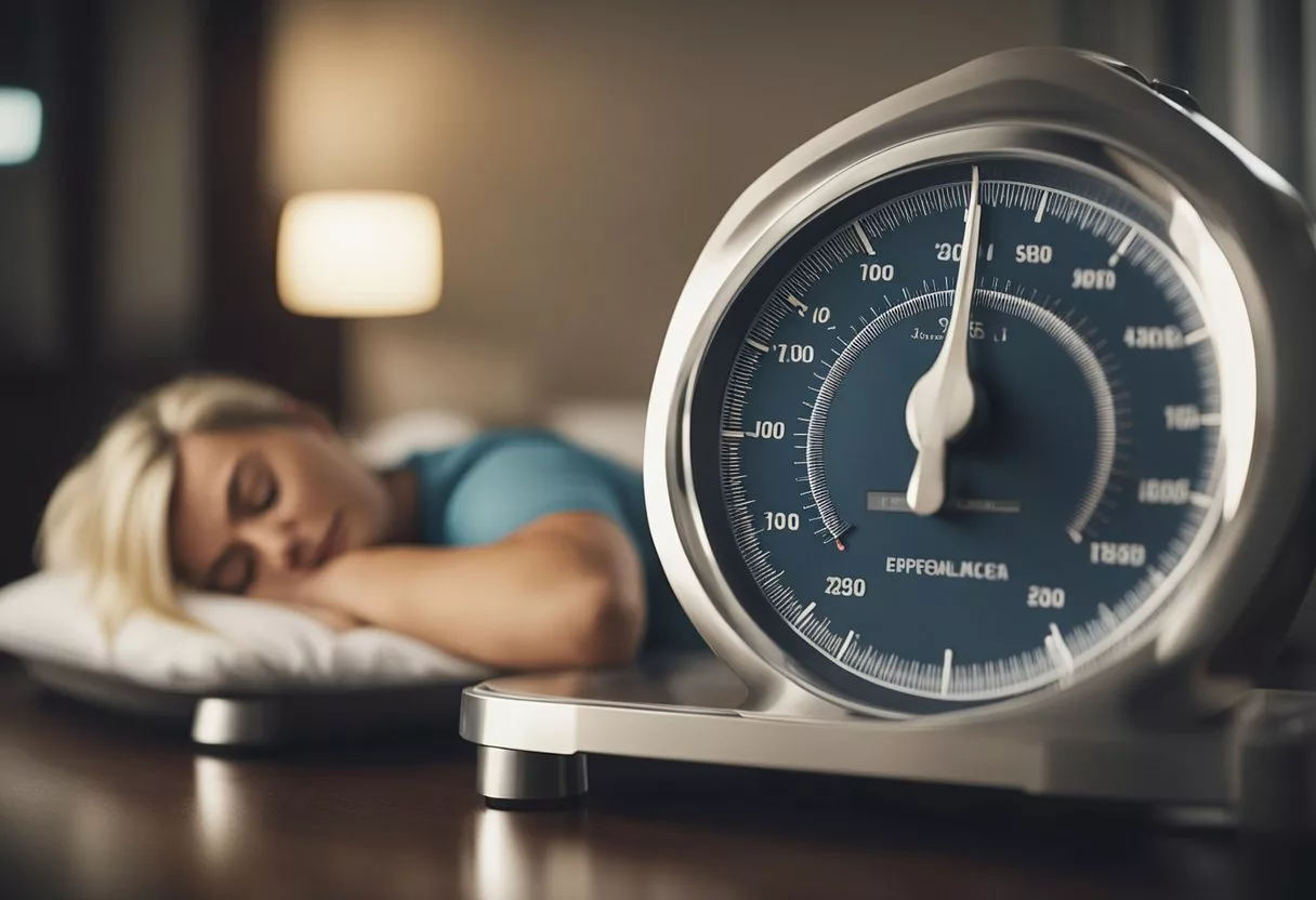 A person sleeping peacefully while a scale shows weight loss progress