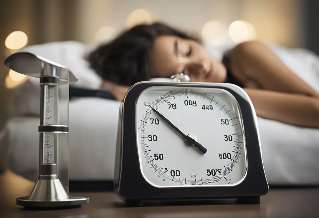 A person sleeping peacefully while a scale shows a decreasing number, symbolizing the link between adequate sleep and weight loss