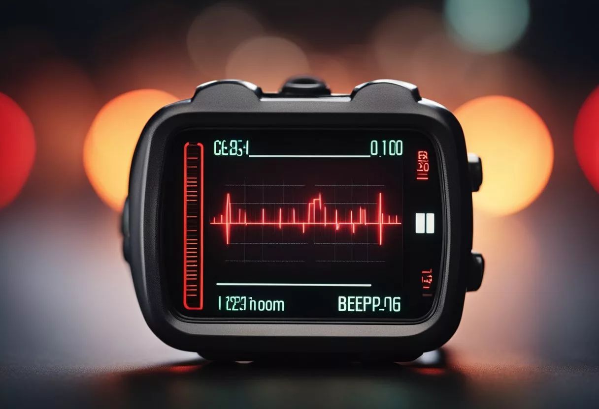 A heart rate monitor beeping rapidly with a red warning light flashing