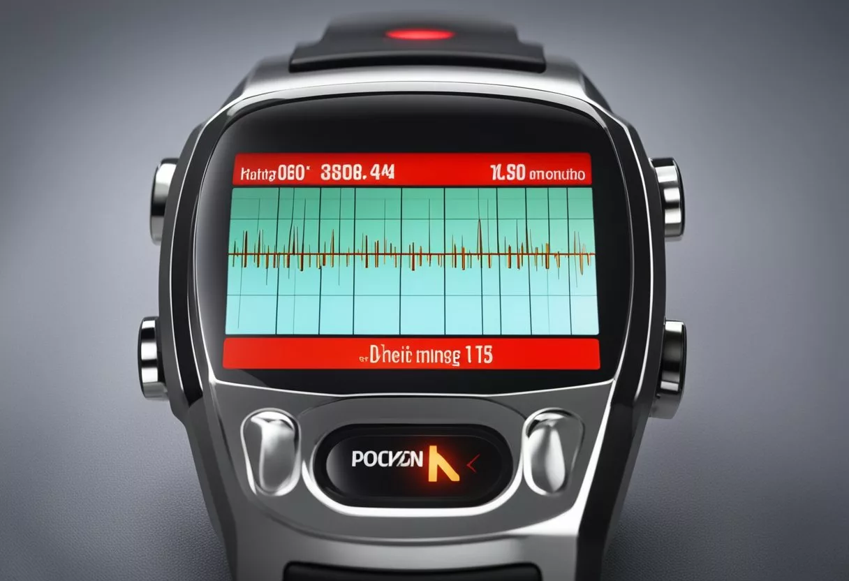 A heart rate monitor displaying abnormal readings, with a red alert symbol flashing
