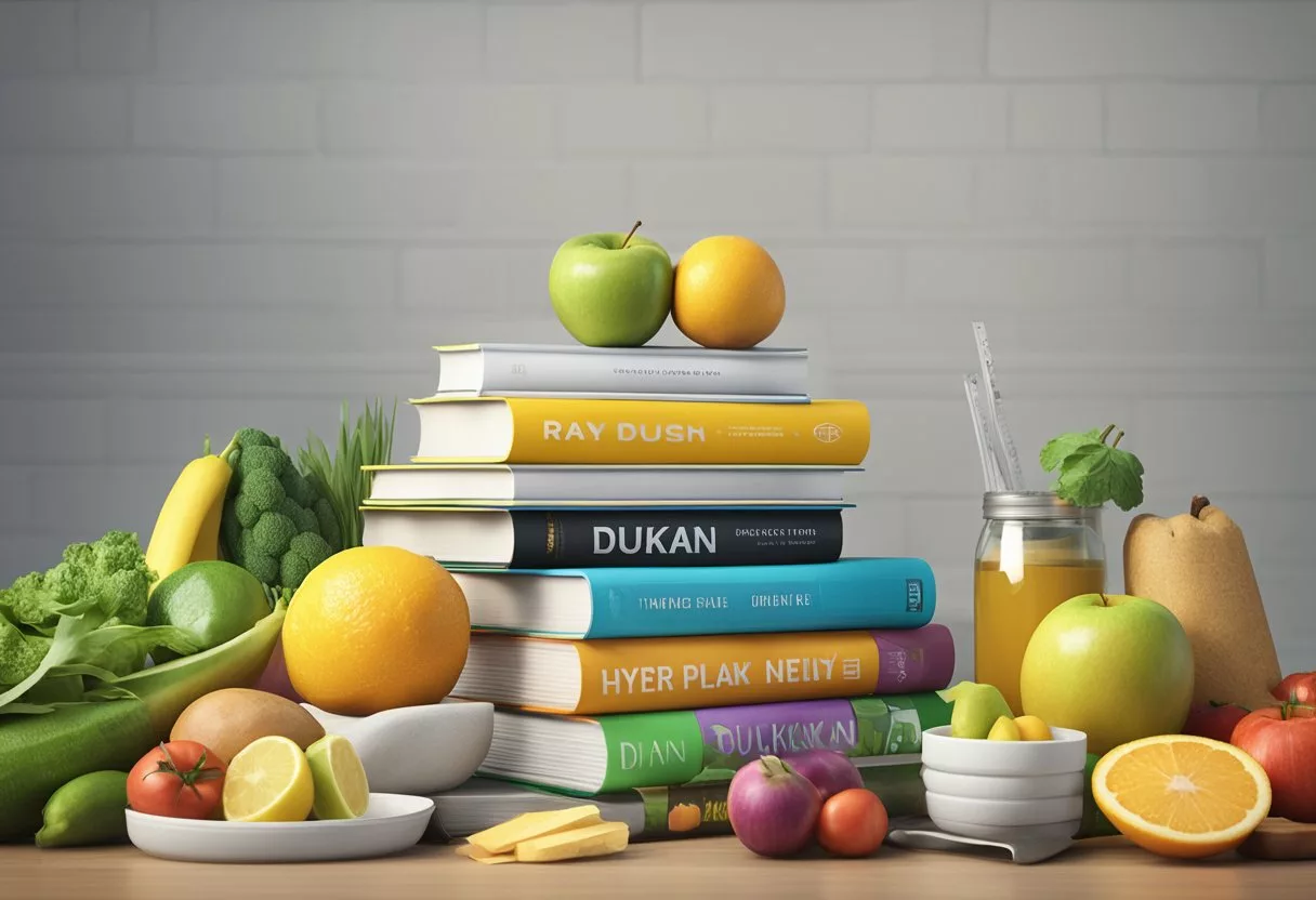 A stack of Dukan diet books surrounded by healthy food options and a measuring tape, symbolizing support and resources for the diet plan