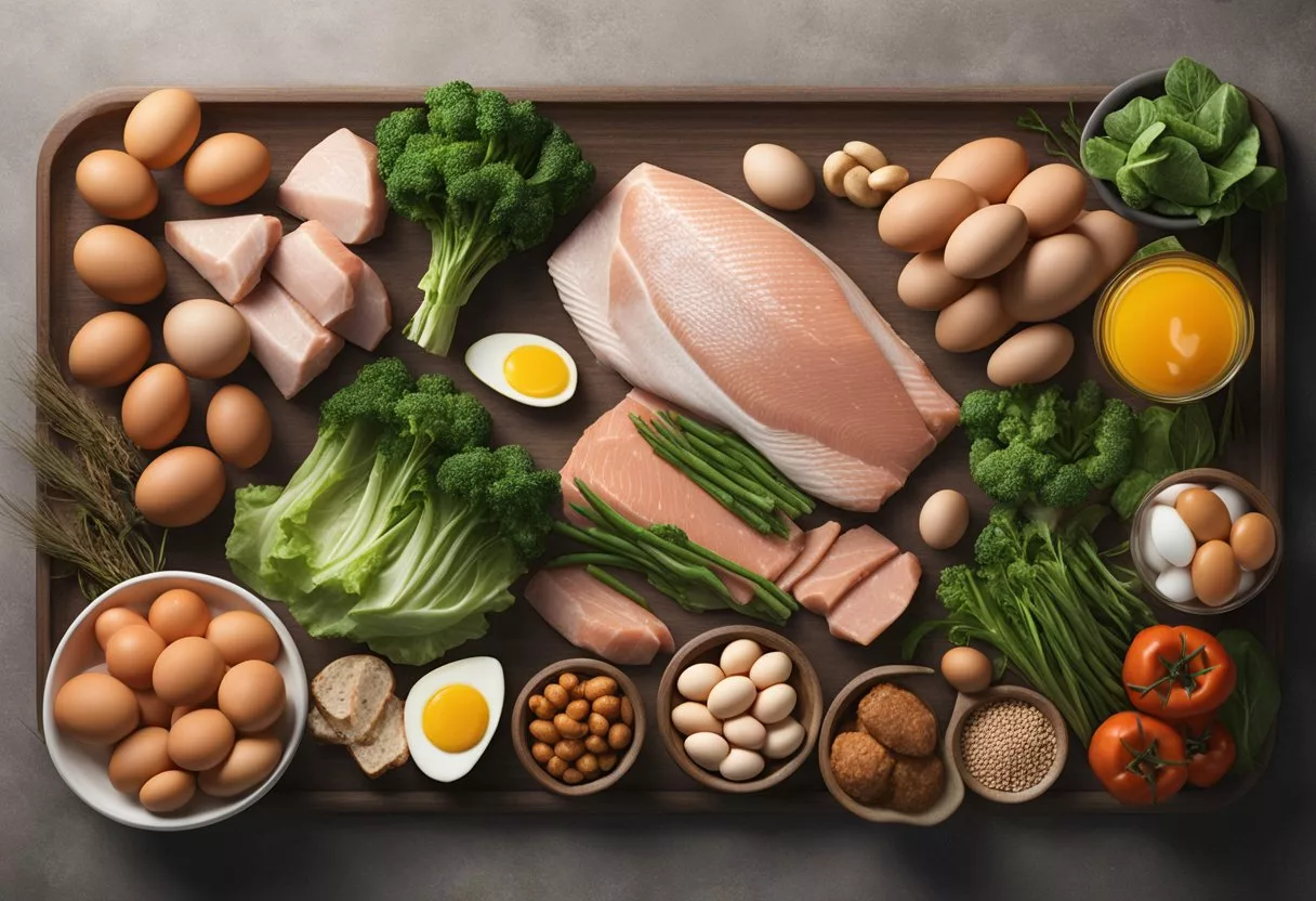 A table filled with lean meats, fish, eggs, and non-starchy vegetables. No grains, fruits, or dairy in sight. This represents the Dukan diet's focus on high-protein, low-carb foods