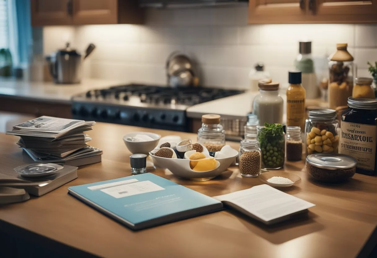 A cluttered kitchen counter with various trendy diet books, pills, and shakes scattered around. A confused person looks at conflicting information online