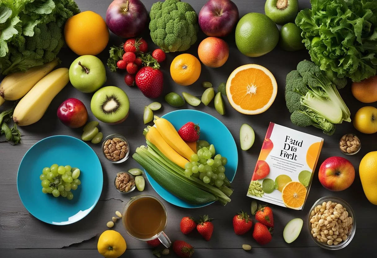 A table with various fad diet books spread out, surrounded by colorful fruits and vegetables, with a scale and measuring tape nearby