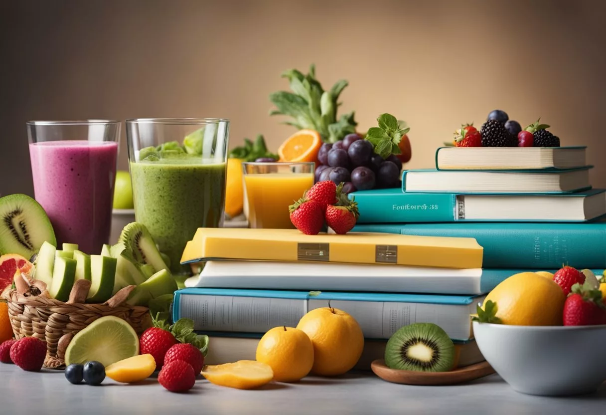 A table covered with various fad diet books, colorful smoothie ingredients, and measuring tools. A person weighing themselves in the background