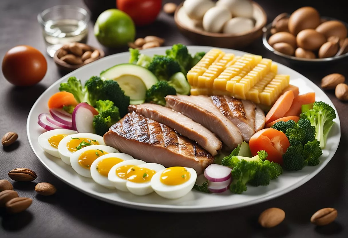 A plate with a variety of low-carb foods, such as meat, fish, eggs, vegetables, and nuts, with a sign reading "Atkins Diet" in the background