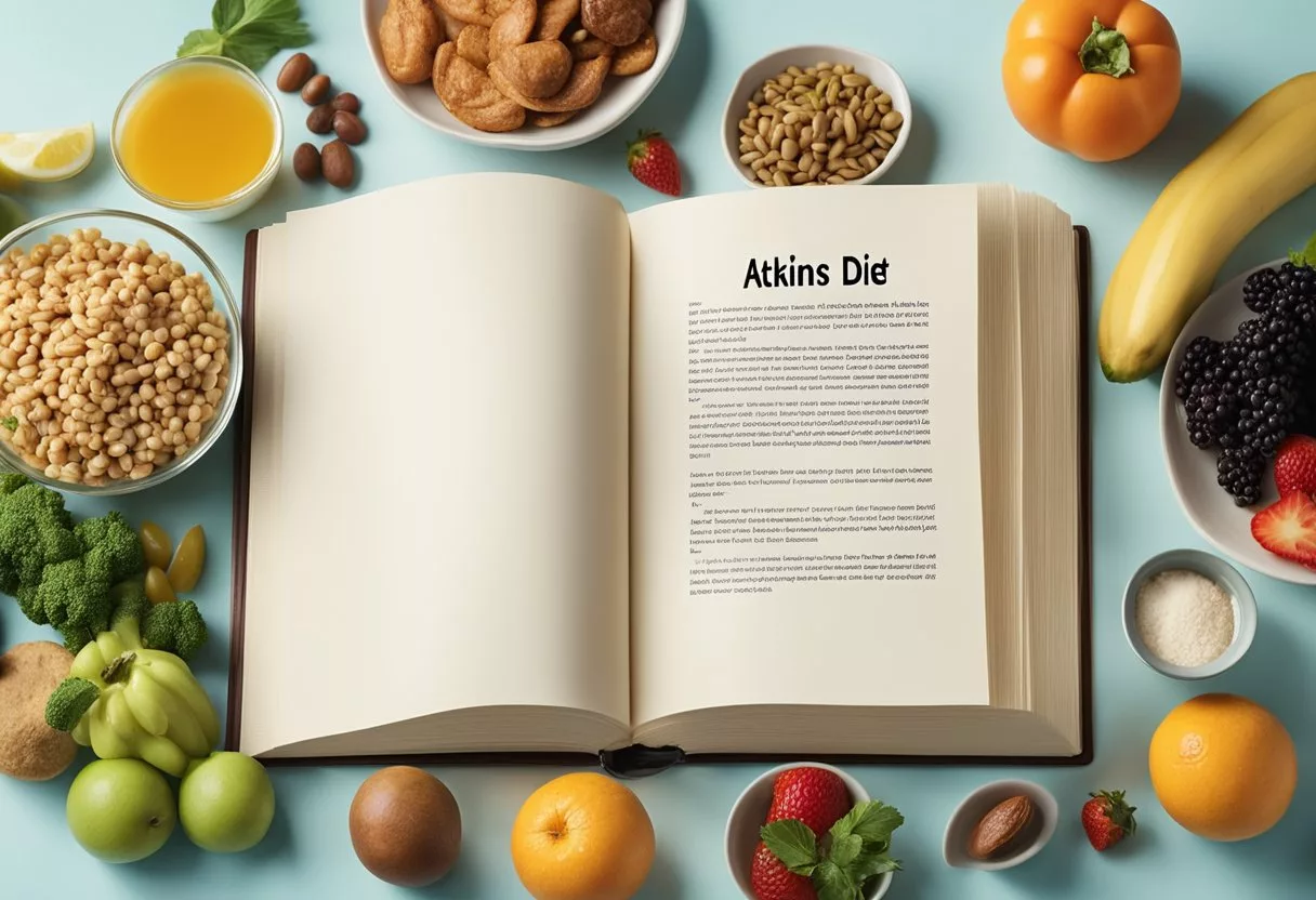 An open book with the title "Atkins Diet" on a table, surrounded by diverse food items and a diverse group of people