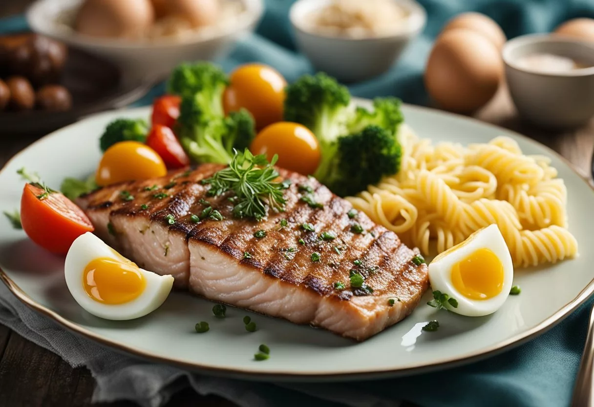 A plate with low-carb foods like meat, fish, eggs, and vegetables. No bread, pasta, or sugary items