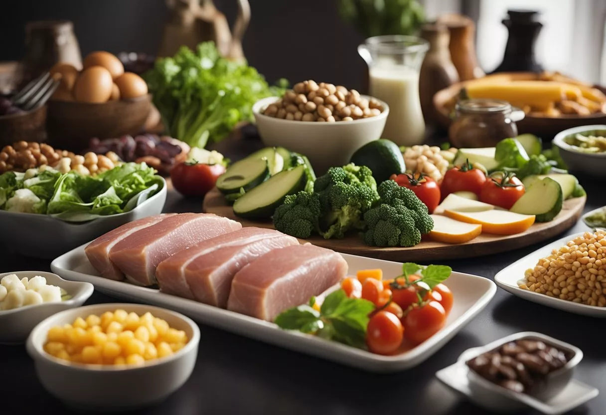 A table with a variety of low-carb foods, such as vegetables, lean meats, and healthy fats. A book titled "The Atkins Diet" is open nearby