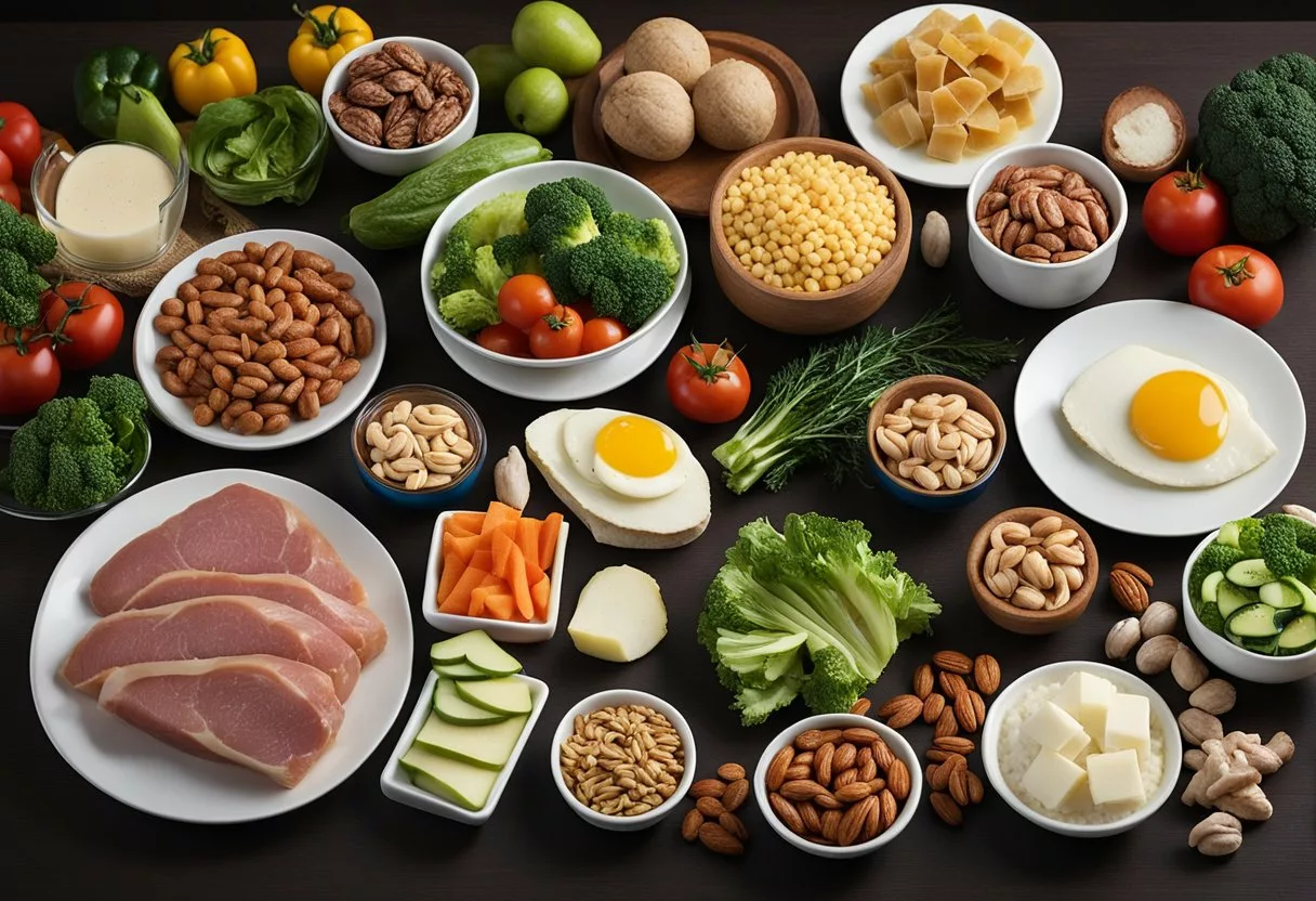 A variety of low-carb foods displayed on a table, including meats, vegetables, and nuts. A book titled "Atkins Diet Success Stories" sits prominently in the center