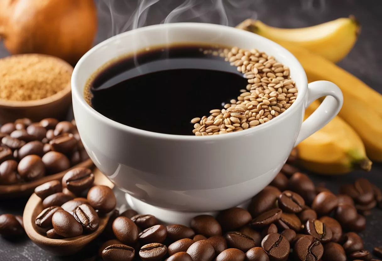 A steaming cup of coffee sits next to a bowl of fiber-rich foods, such as fruits and whole grains. A sign reads "Coffee and Digestive Health" with a question below it: "Is coffee good for constipation?"