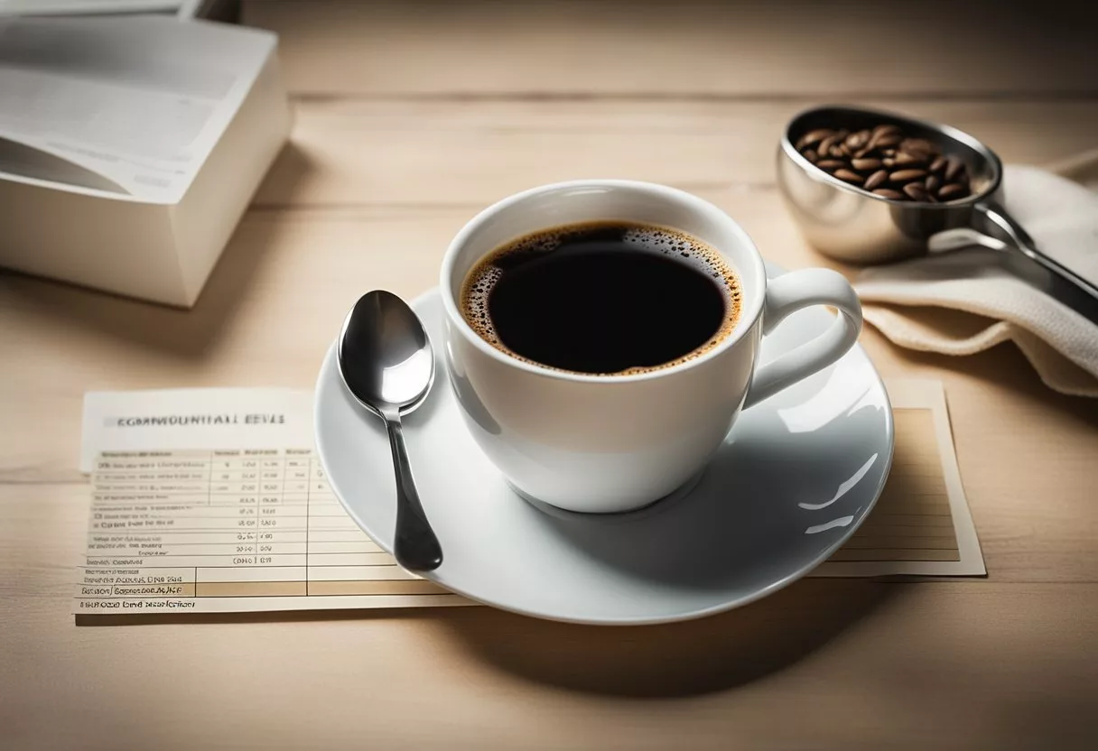 A steaming cup of black coffee with a measuring spoon and a chart showing recommended consumption levels
