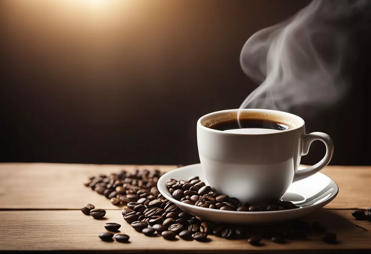 A steaming cup of black coffee sits on a wooden table, surrounded by a few coffee beans. A ray of sunlight illuminates the scene, creating a warm and inviting atmosphere