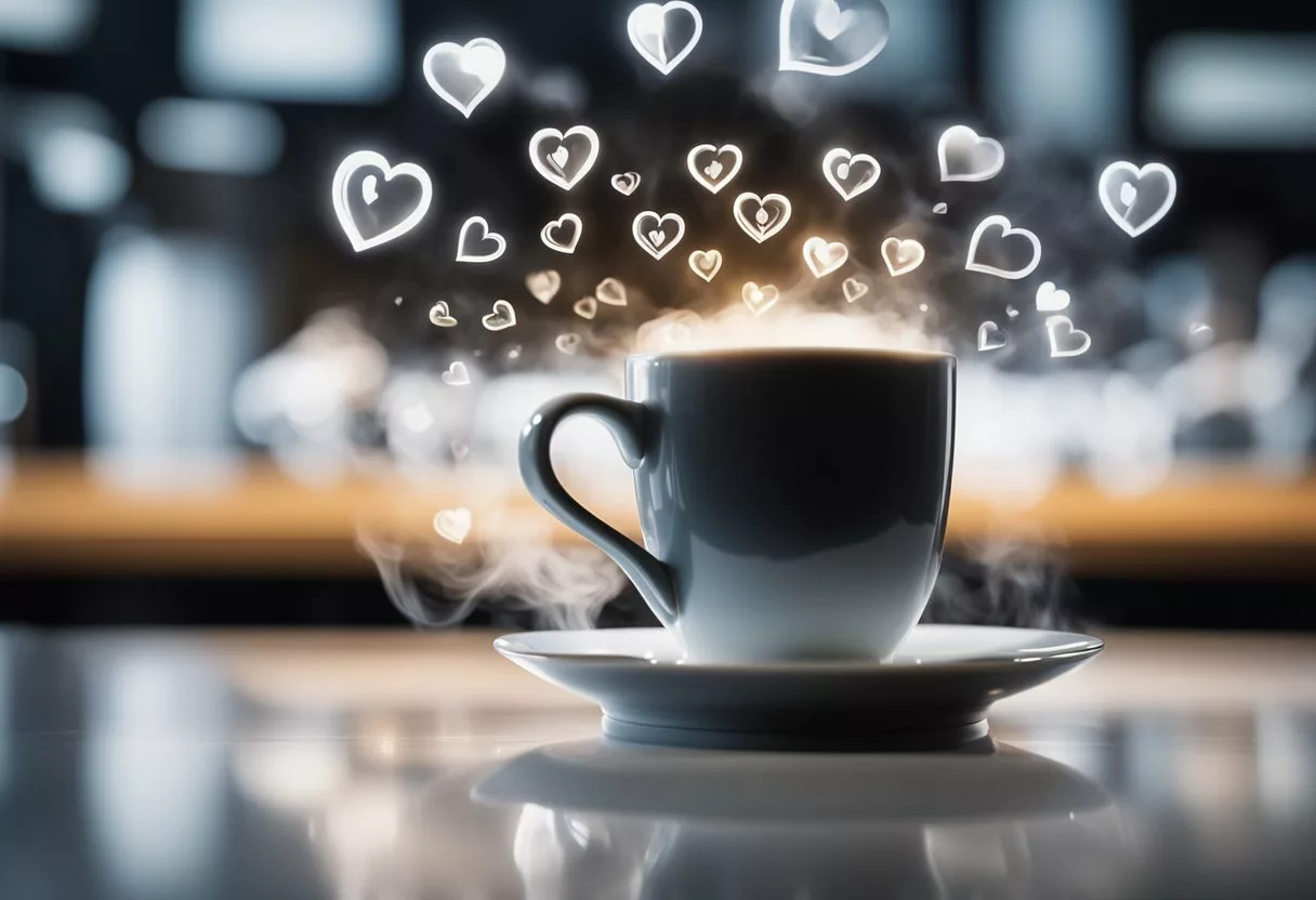 A steaming cup of black coffee surrounded by images of heart health and energy, with a contrasting warning sign symbolizing potential risks