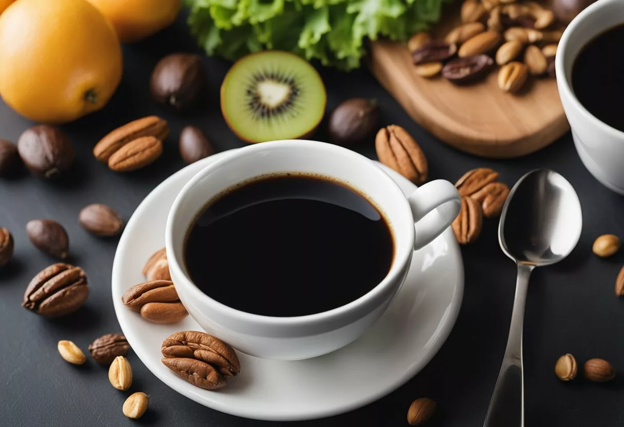 A steaming cup of black coffee sits on a table, surrounded by a variety of healthy food items such as fruits, vegetables, and nuts. The nutritional information for black coffee is displayed prominently next to the cup