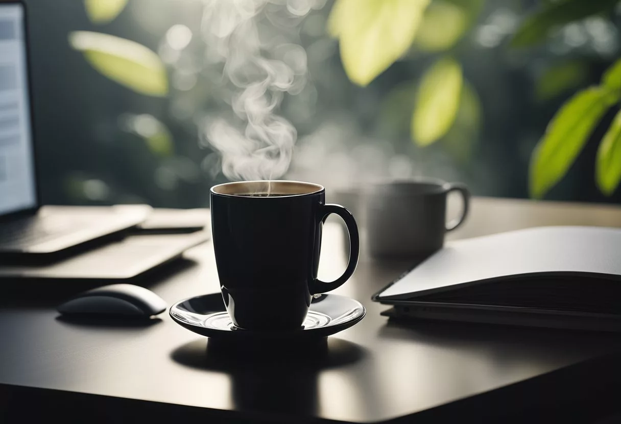 A steaming cup of black coffee sits on a desk next to a laptop and a notebook, suggesting a boost in productivity and focus