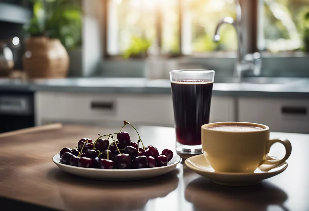 A steaming cup of decaffeinated coffee sits next to a bottle of tart cherry juice and a bowl of fresh cherries, all on a clean, clutter-free kitchen counter
