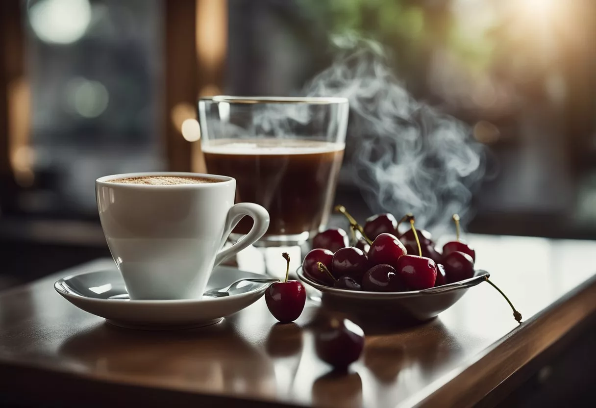 A steaming cup of decaffeinated coffee with low acidity, surrounded by fresh cherries and a bottle of water