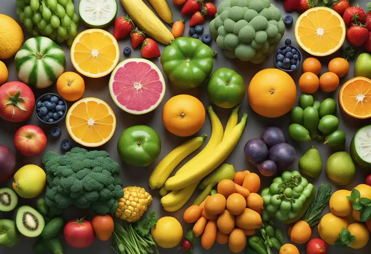 A colorful array of fruits, vegetables, and whole grains, surrounded by vibrant, energetic symbols representing positive mental health