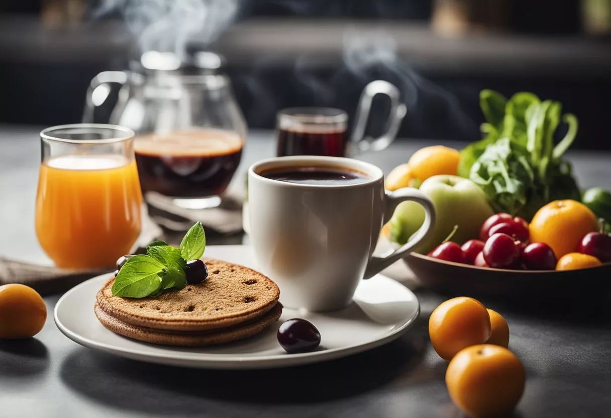 A steaming cup of decaffeinated coffee sits next to a plate of fresh fruits and vegetables, while a bottle of cherry juice is also present