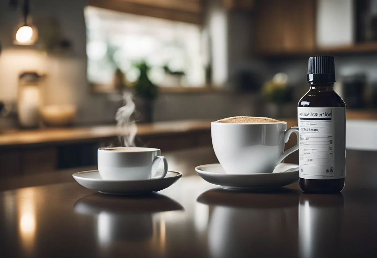 A steaming cup of coffee sits next to a bottle of anti-diarrheal medicine on a kitchen counter
