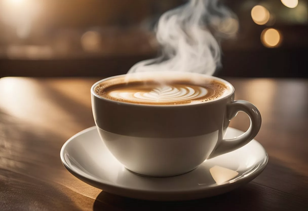 A steaming cup of decaf coffee sits on a table, with a gentle steam rising from the surface, surrounded by calming and soothing elements such as a warm color palette and soft lighting