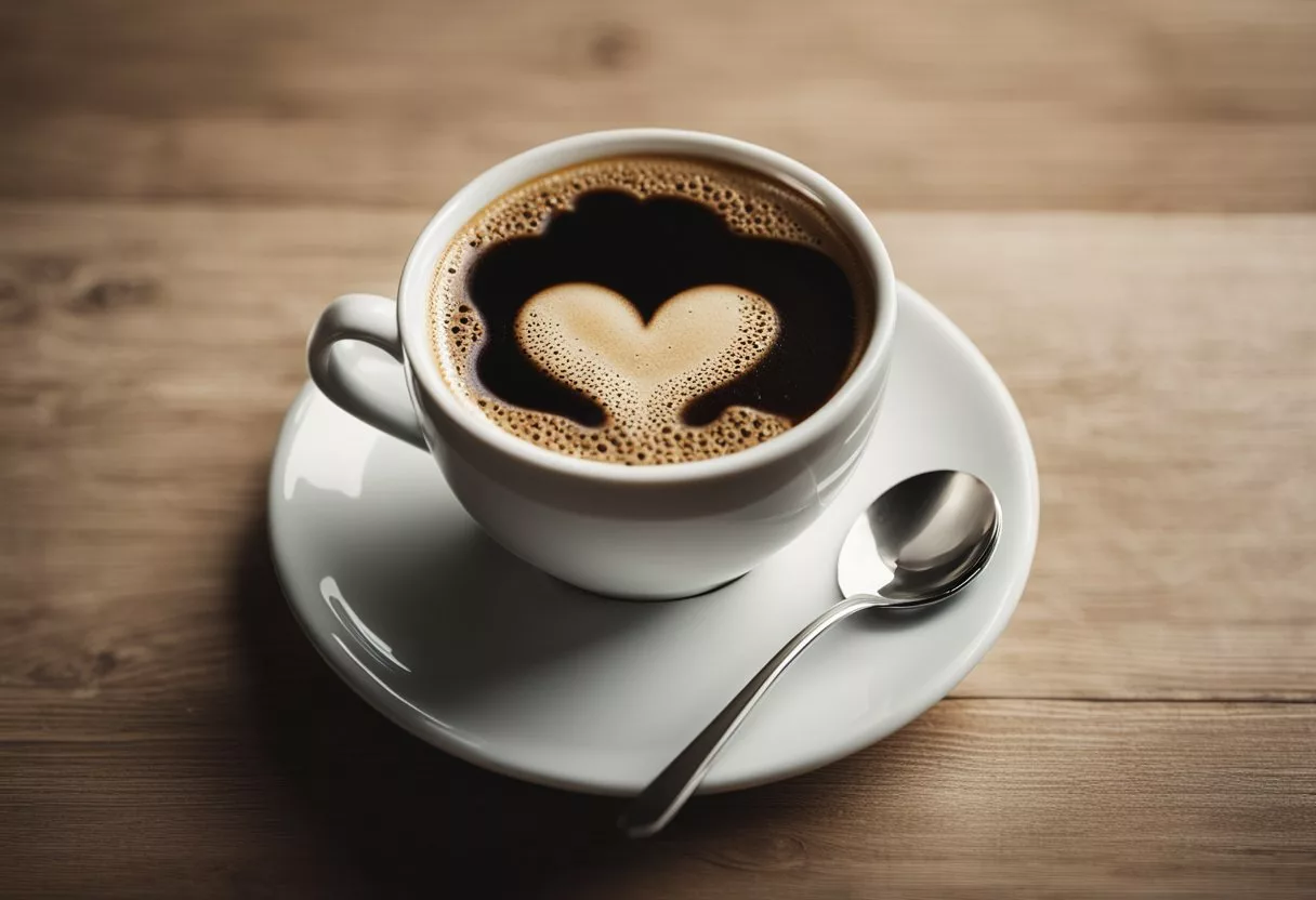 A steaming cup of black coffee sits on a table, with a heart-shaped symbol drawn in the foam