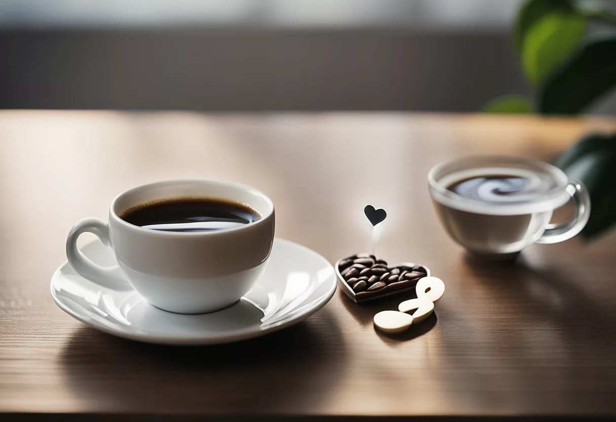 A cup of black coffee next to a heart-shaped symbol, with a question mark above it