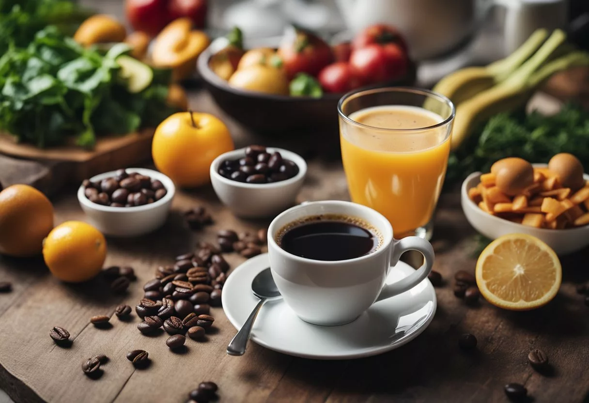 A steaming cup of black coffee sits on a table, surrounded by healthy foods and exercise equipment, suggesting a focus on nutrition and lifestyle factors for heart patients