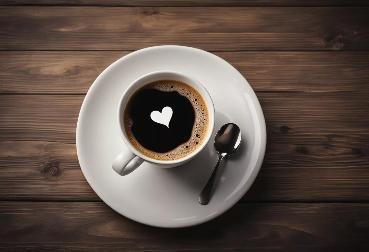 A steaming cup of black coffee sits next to a heart-shaped symbol, suggesting the link between black coffee and heart health