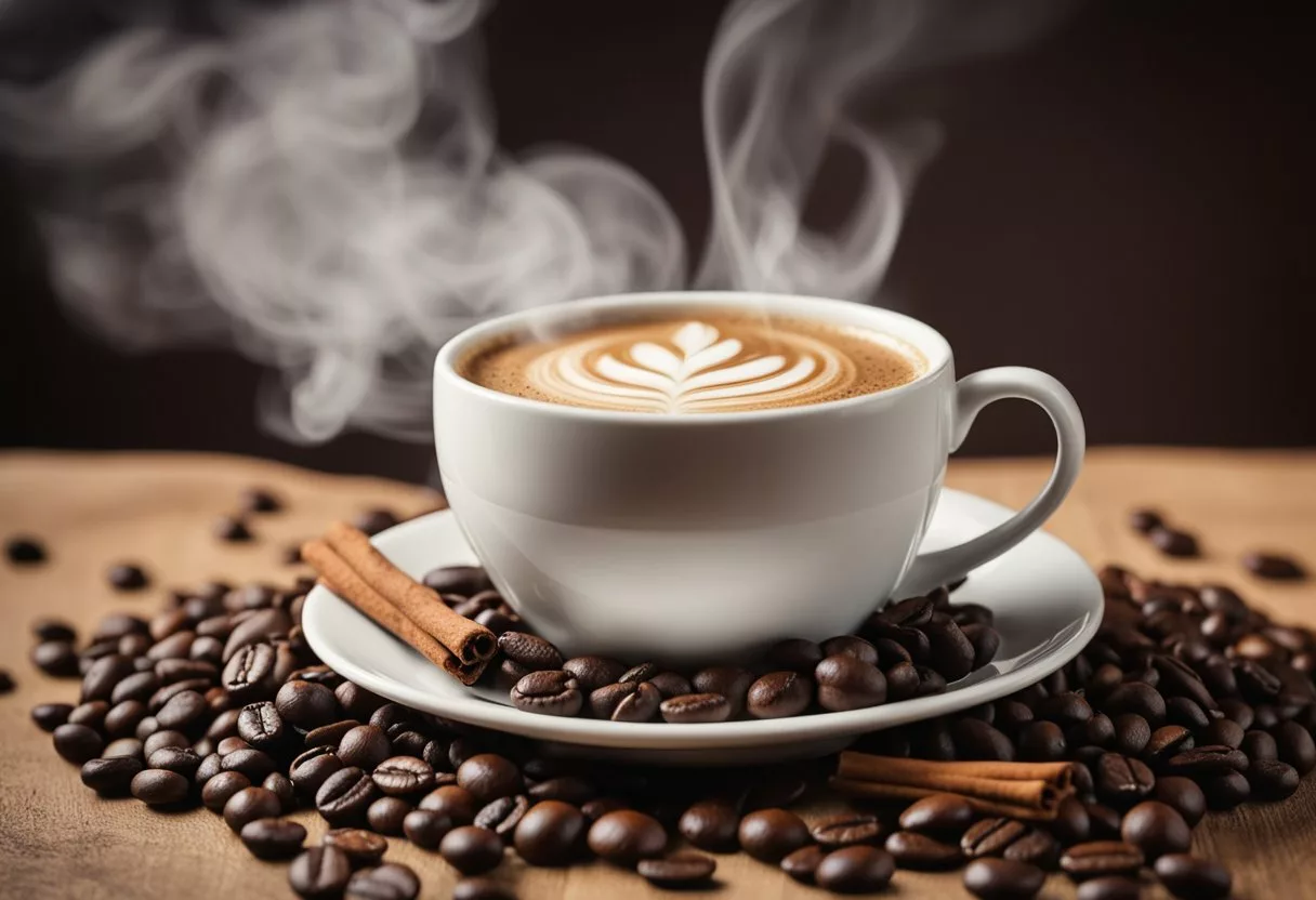 A steaming cup of coffee surrounded by various components such as coffee beans, sugar, milk, and cinnamon