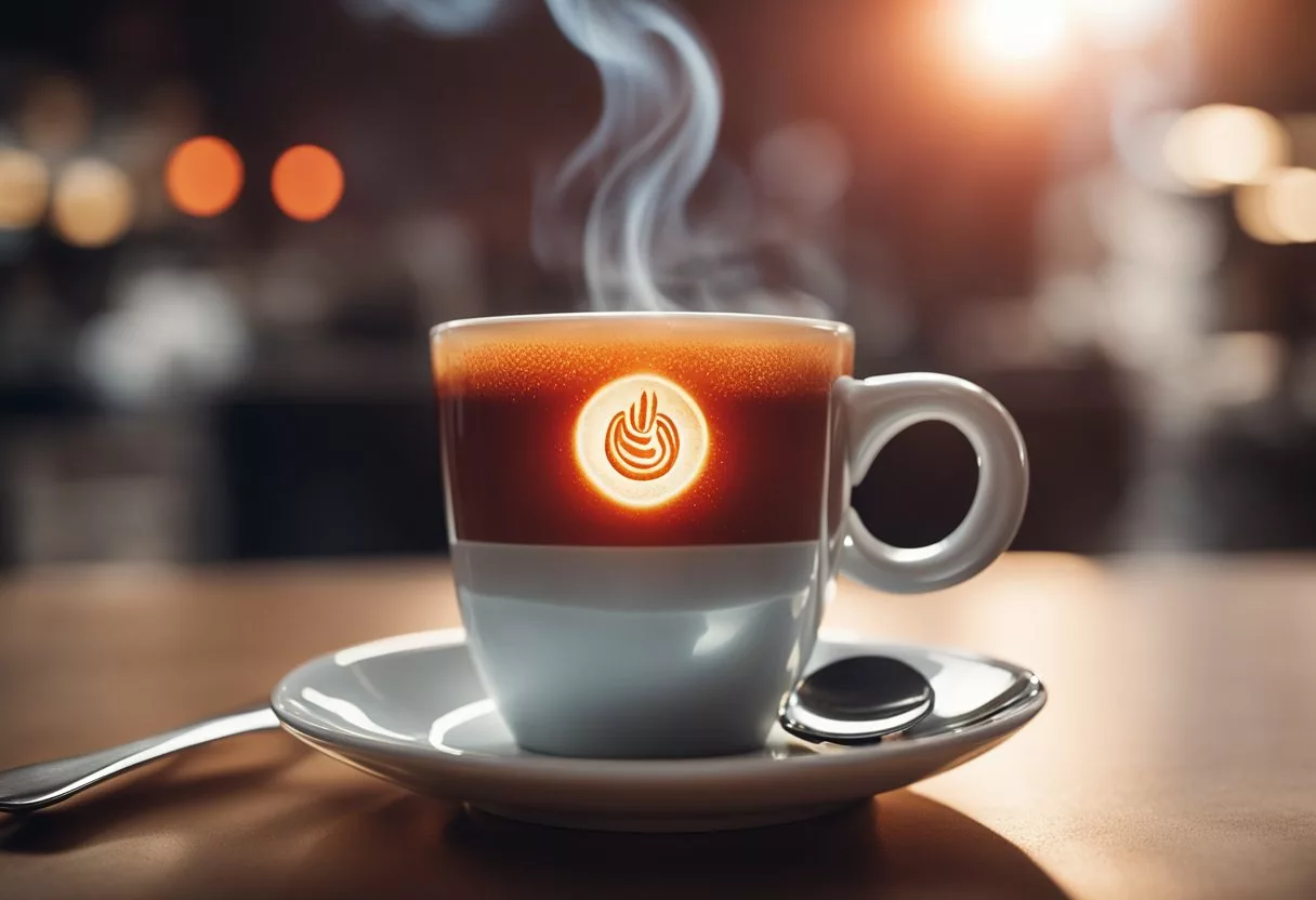 A steaming cup of coffee sits next to a glowing red inflammation symbol