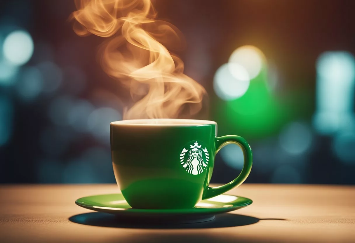A steaming cup of coffee sits next to a glowing red inflammation symbol, while a green health symbol shines in the background