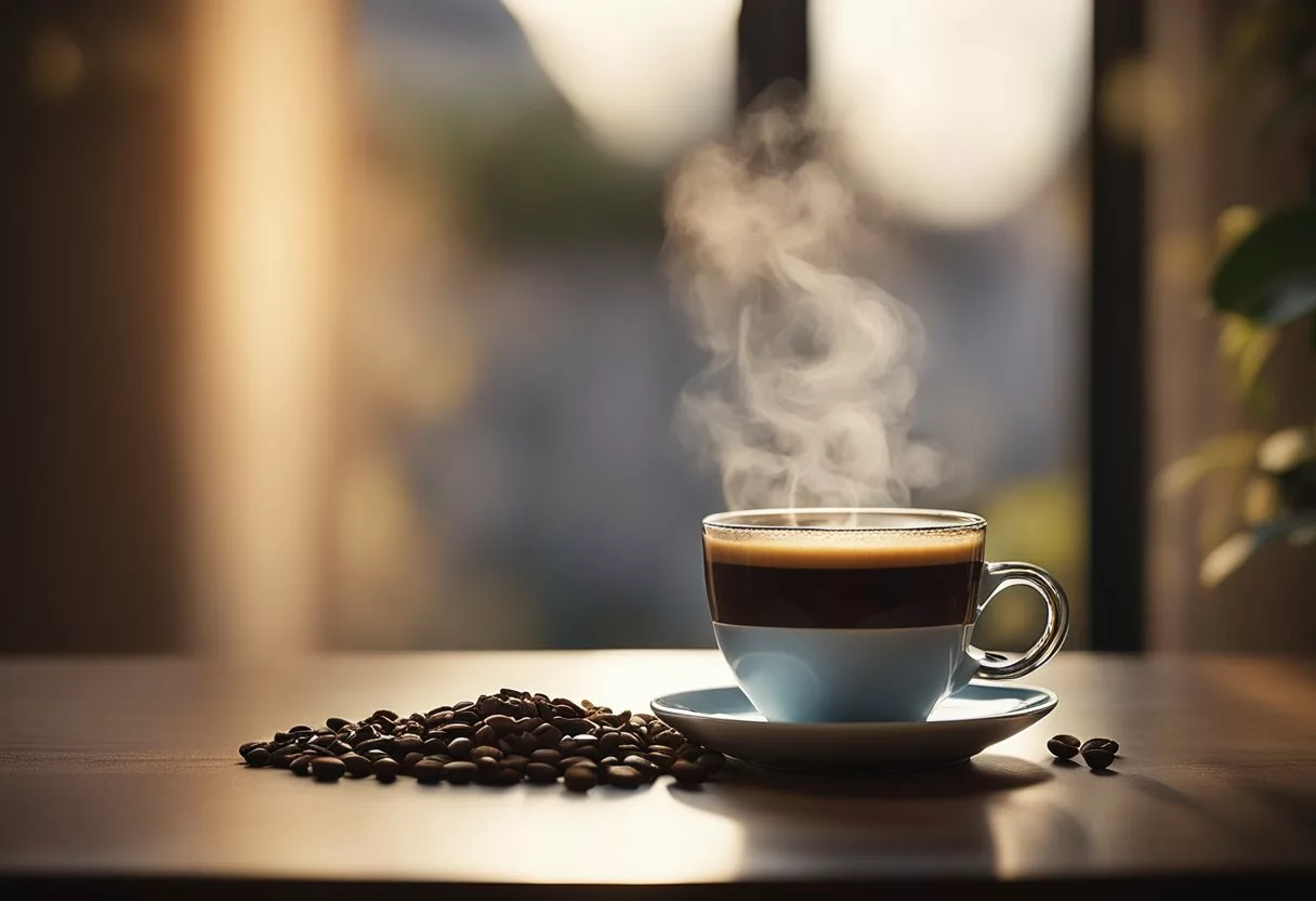 A steaming cup of coffee sits on a table, surrounded by a few scattered coffee beans. A soft morning light filters through the window, casting a warm glow over the scene