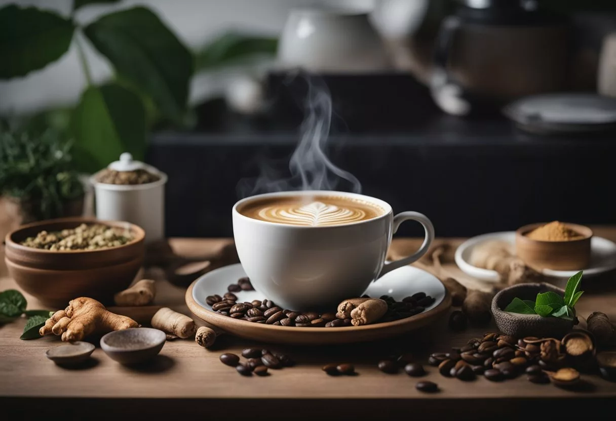 A steaming cup of coffee sits on a table, surrounded by various remedies like ginger tea and herbal supplements. The room is dimly lit, with a cozy and relaxed atmosphere
