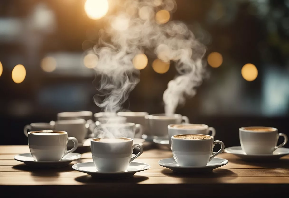 A steaming cup of coffee sits on a table, surrounded by empty glasses. Its aroma fills the air, offering relief from the effects of a hangover