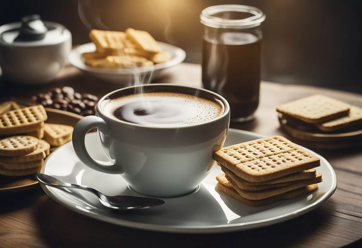 A steaming cup of coffee sits next to a glass of water on a table, surrounded by a bottle of pain relievers and a pack of crackers