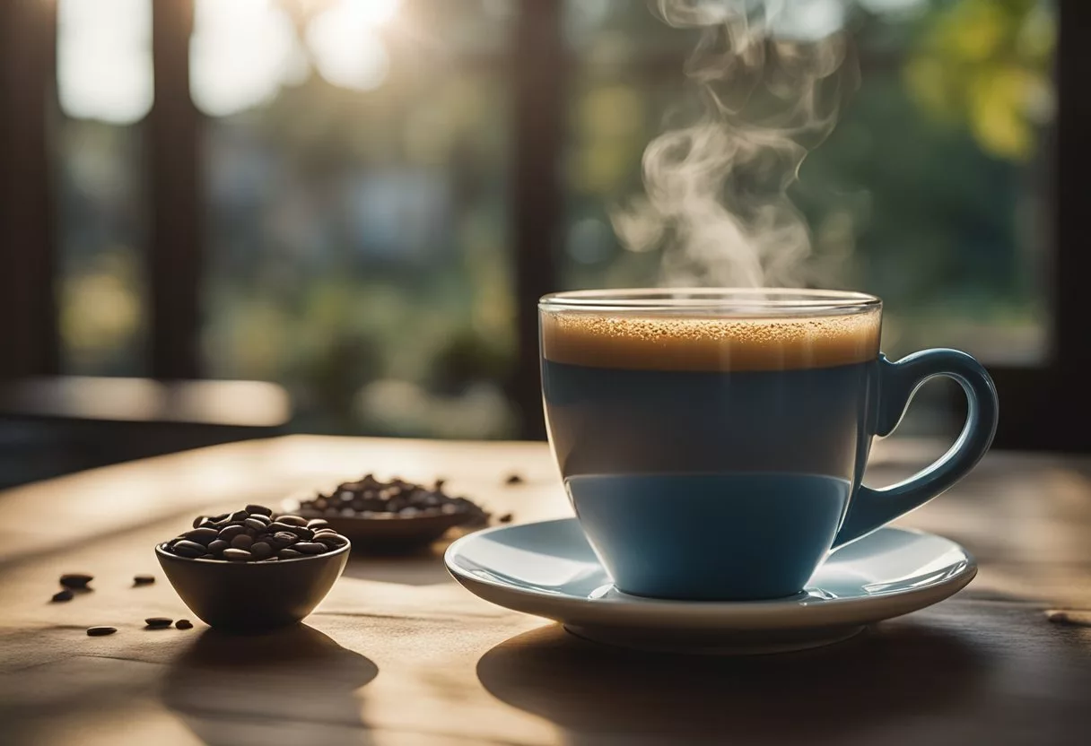A steaming cup of Ryze coffee sits on a rustic wooden table, surrounded by scattered coffee beans and a soft morning light filtering through a nearby window