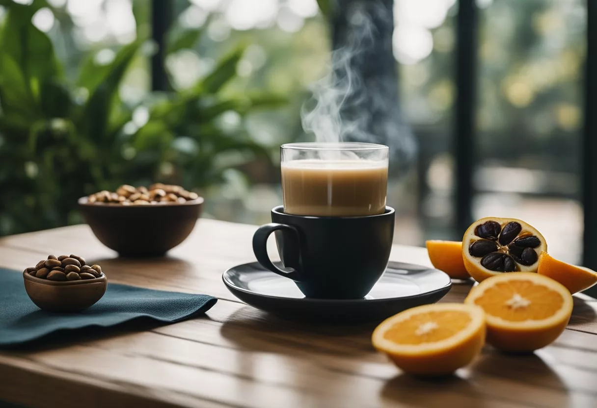 A steaming cup of Ryze coffee sits on a table, surrounded by fresh fruits and a yoga mat. A sense of calm and vitality permeates the scene
