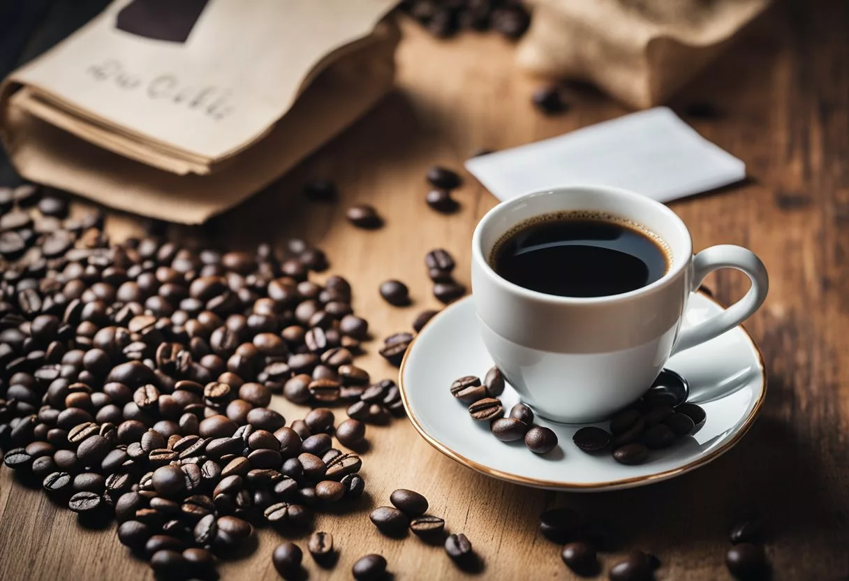 A steaming cup of Ryze coffee sits on a rustic wooden table, surrounded by scattered coffee beans and a handwritten note asking, "Is Ryze coffee really good for you?"