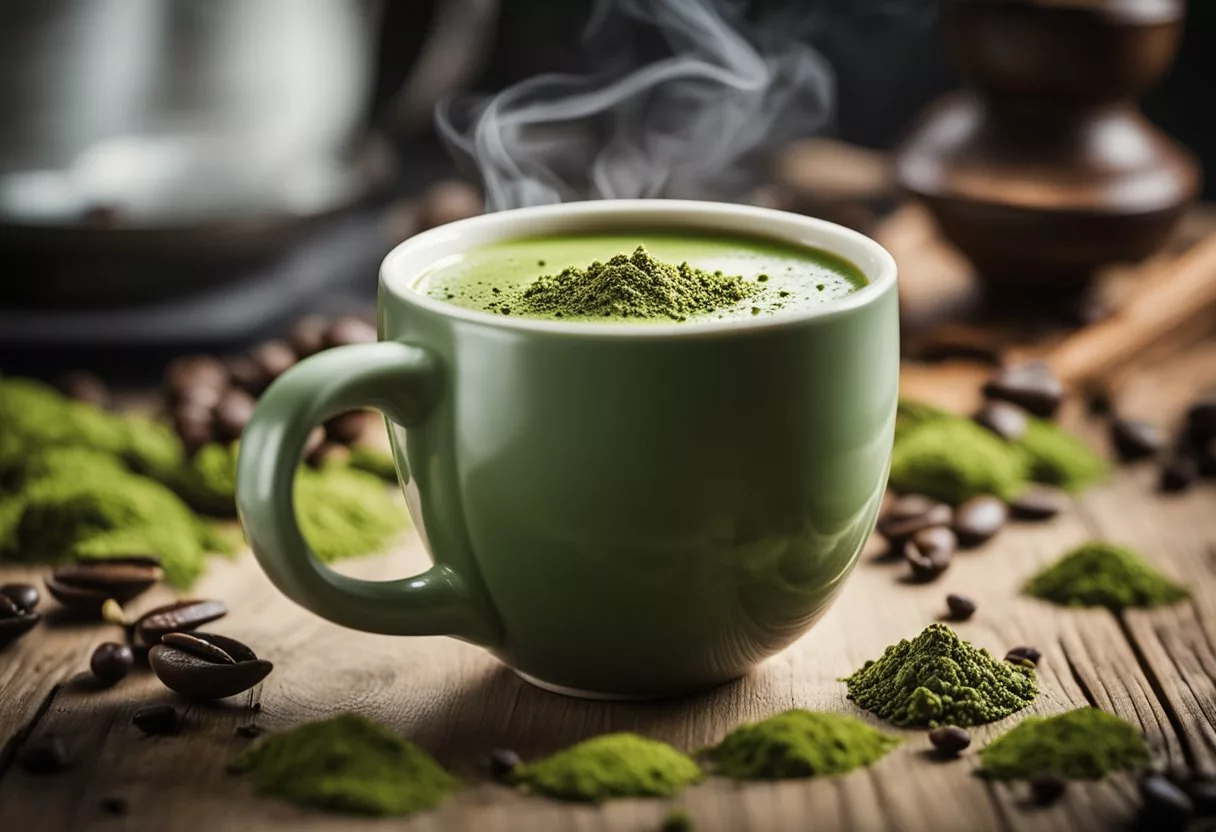 A steaming cup of matcha sits opposite a mug of coffee on a wooden table, surrounded by scattered tea leaves and coffee beans