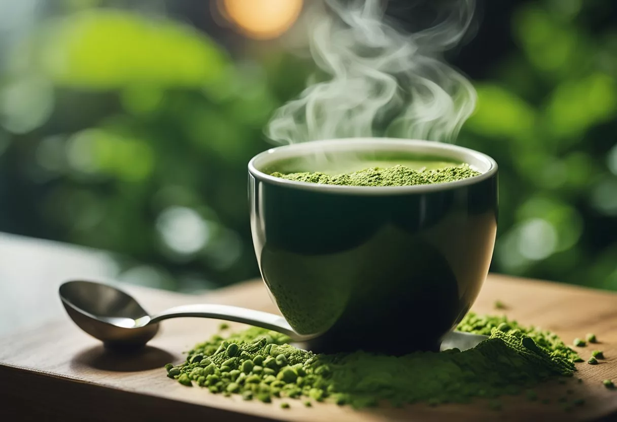 A steaming cup of matcha coffee sits on a table, surrounded by vibrant green tea leaves and a small spoon. A thought bubble with question marks hovers above the cup