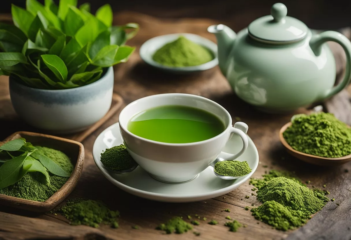 A cup of matcha coffee sits on a wooden table, surrounded by vibrant green tea leaves and a delicate porcelain teapot