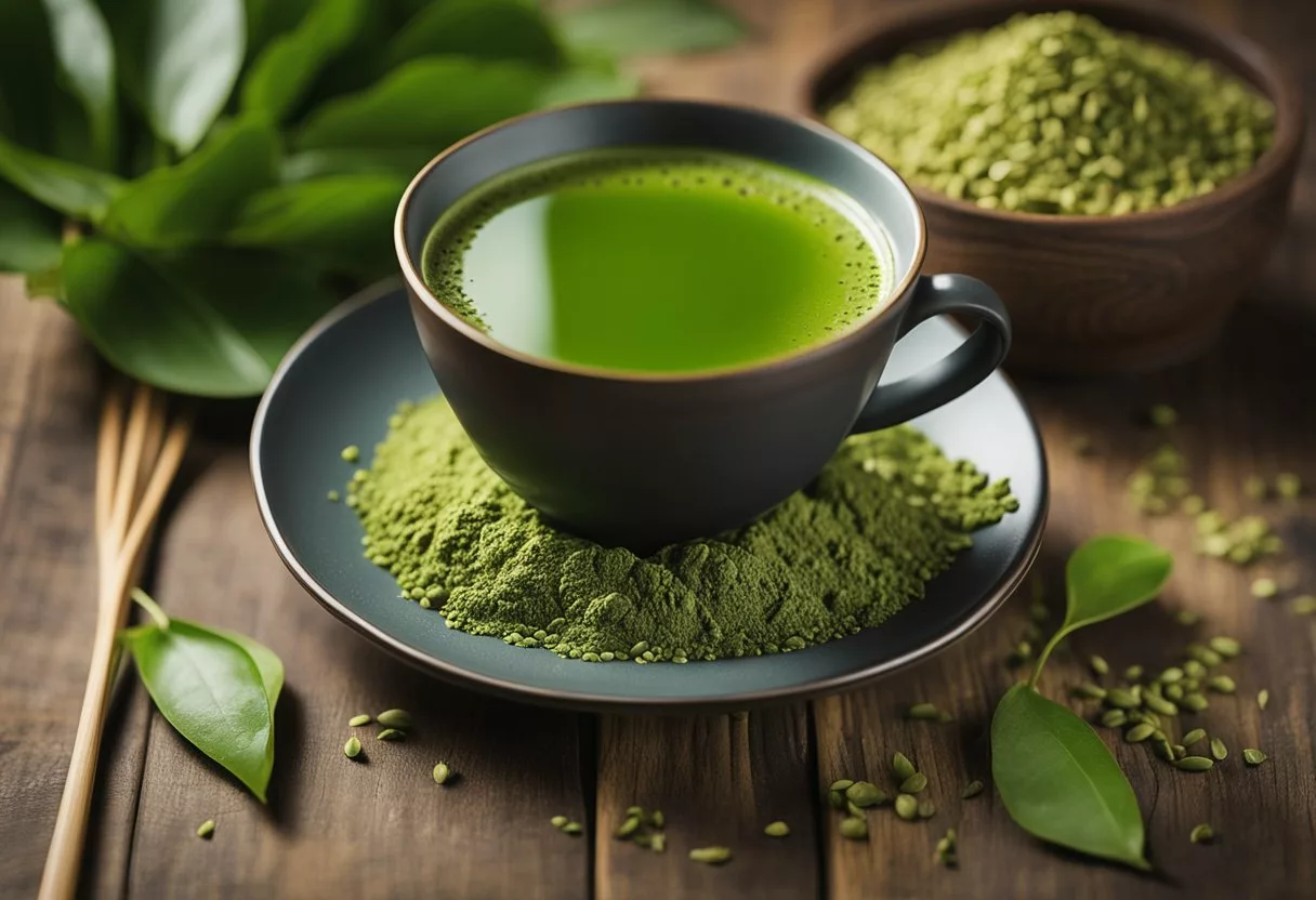 A cup of matcha coffee surrounded by green tea leaves and a nutritional label