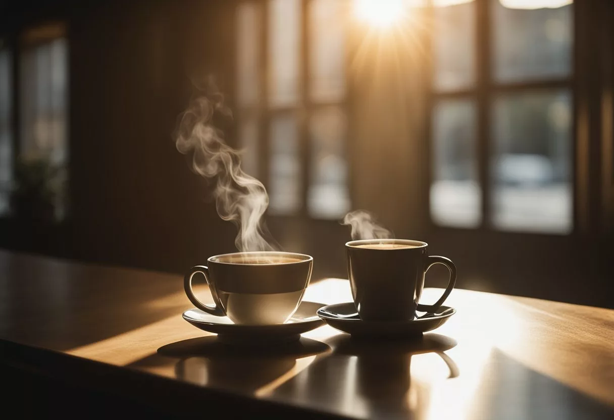 A steaming cup of black coffee sits alone on a table, with rays of sunlight streaming through a window, casting a warm glow on the scene