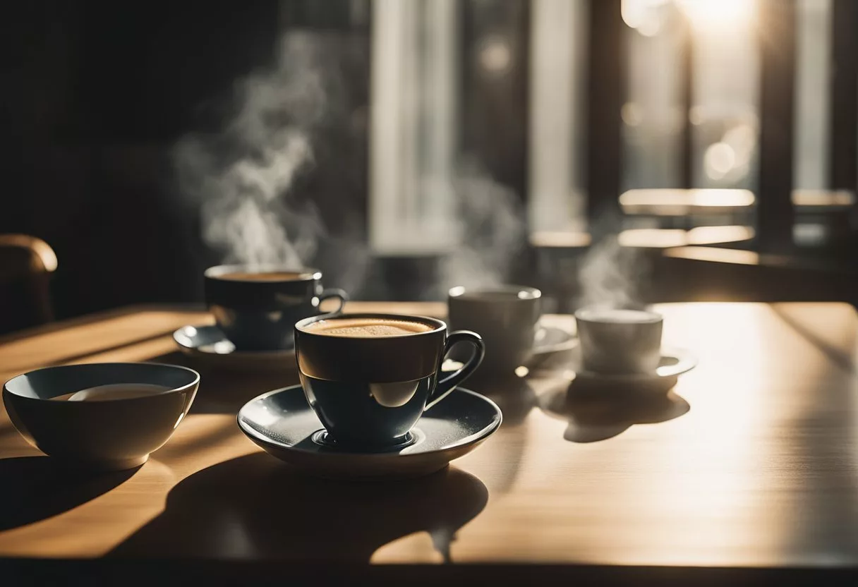 A steaming cup of black coffee sits alone on a clean, minimalist table, surrounded by empty plates and utensils. Sunlight streams in through a nearby window, casting a warm glow on the scene