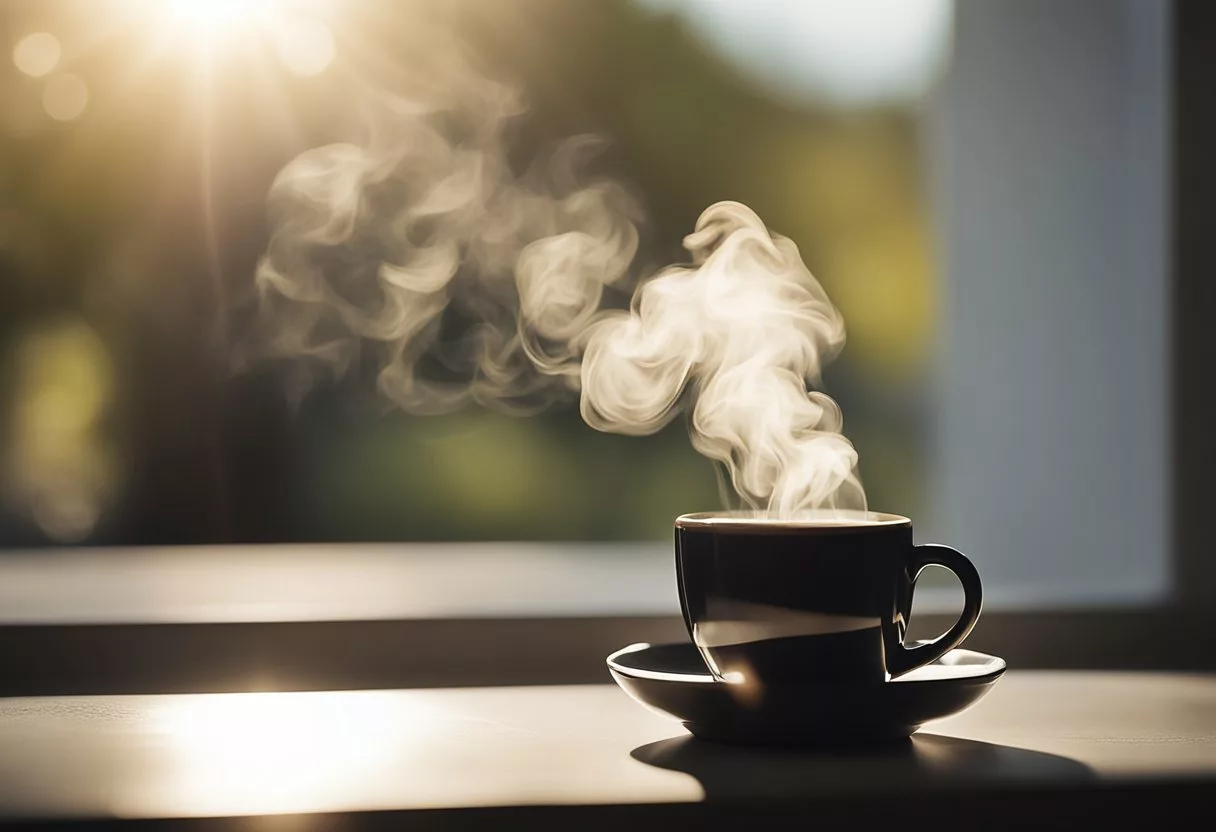 A steaming cup of black coffee sits on a clean, white table. Sunlight streams through a nearby window, casting a warm glow on the mug